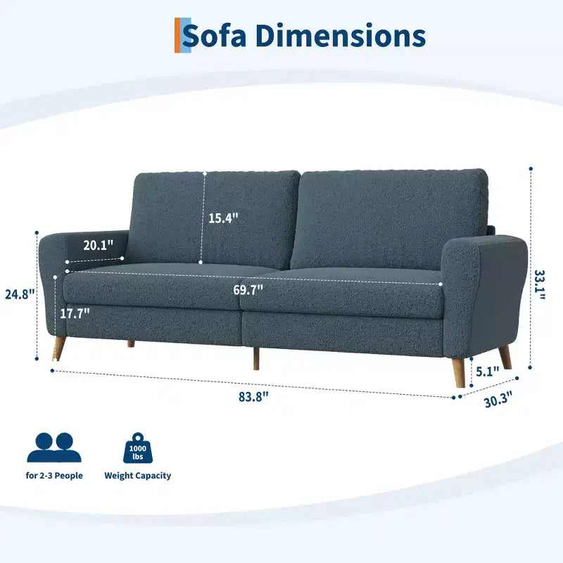 84 Modern Sofa, 3 Seater Upholstered Sofa with Streamlined Arms, Deep Seat Sleeper Sofa for Living Room Bedroom Apartment