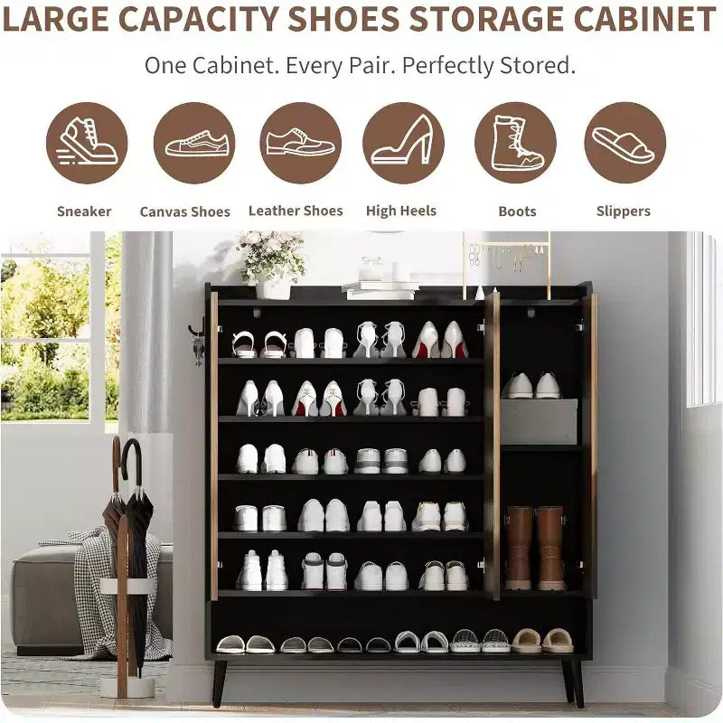 Multi-Door Shoe Cabinet Collection, Large Capacity Shoe Organizer with Storage Hooks, Freestanding Entryway Storage System for Home