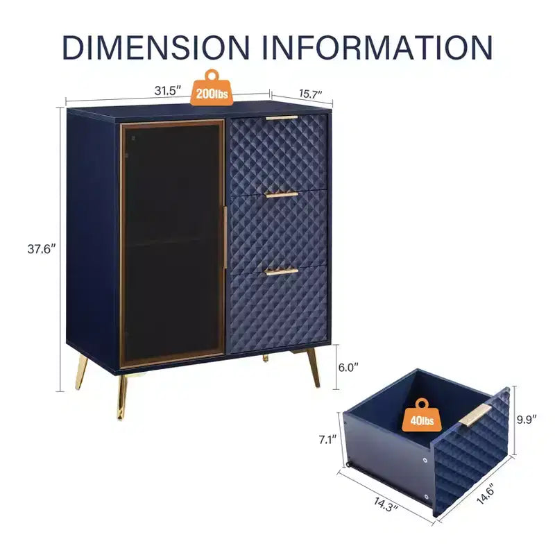 Modern Carved Storage Cabinet with Tempered Glass Door, Sideboard Cabinet with Adjustable Metal Feet, Buffet Cabinet for Living Room