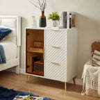 Meuble de rangement moderne sculpté avec porte en verre trempé, bahut avec pieds métalliques réglables, buffet pour salon