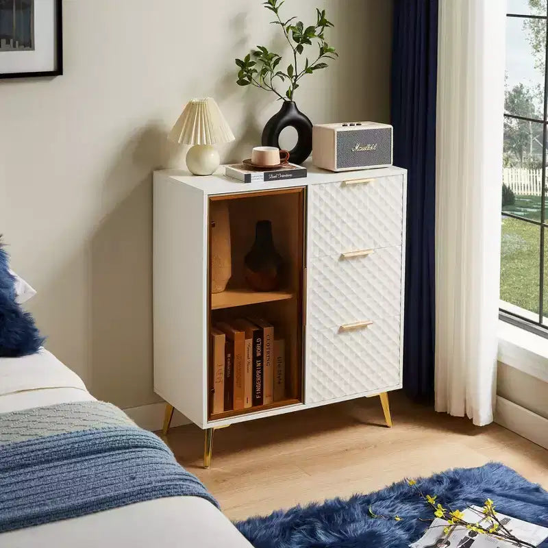 Modern Carved Storage Cabinet with Tempered Glass Door, Sideboard Cabinet with Adjustable Metal Feet, Buffet Cabinet for Living Room