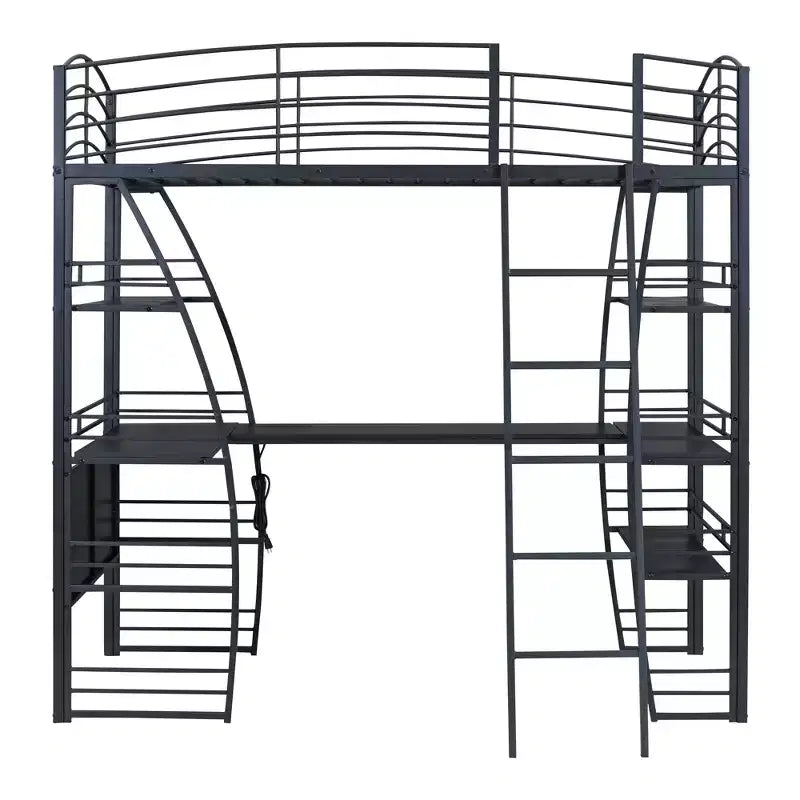Twin Size Loft Bed with Desk and Bookcase with Metal Frame, Loft Bed with Desk and Storage, Black
