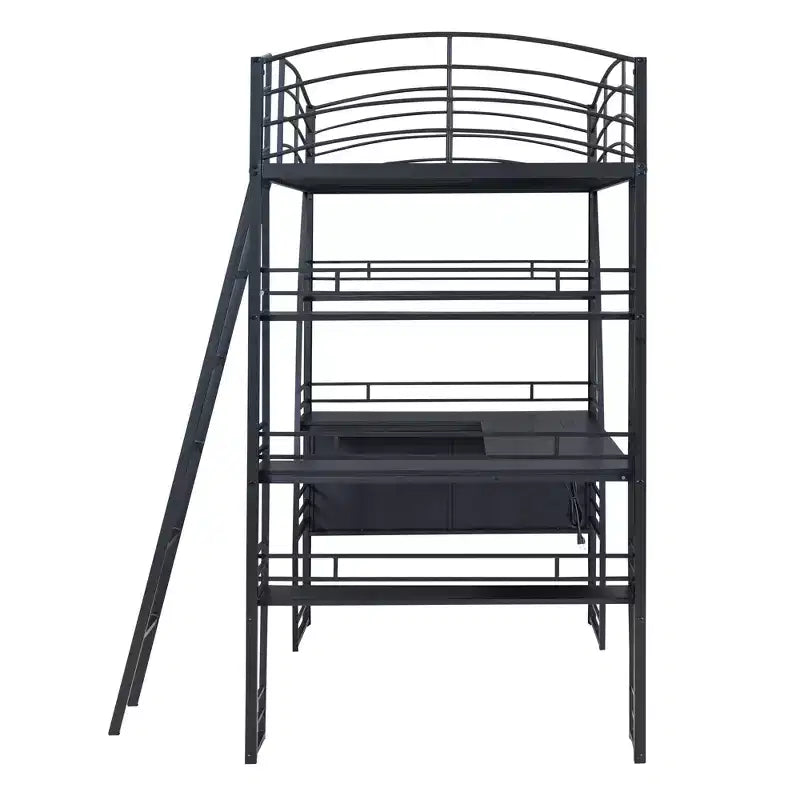 Twin Size Loft Bed with Desk and Bookcase with Metal Frame, Loft Bed with Desk and Storage, Black