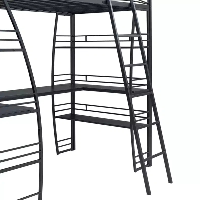 Twin Size Loft Bed with Desk and Bookcase with Metal Frame, Loft Bed with Desk and Storage, Black