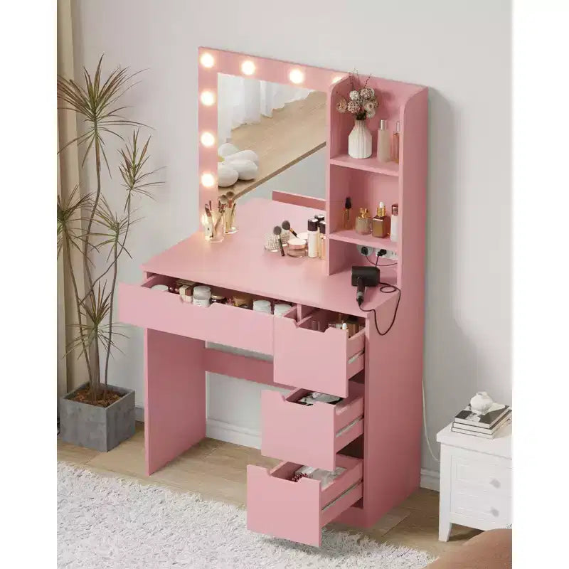 Makeup Vanity Desk with Mirror and Lights, 35W Large Dressing Table with 4 Drawers & Open Storage, Modern Makeup Vanity Table for Bedroom