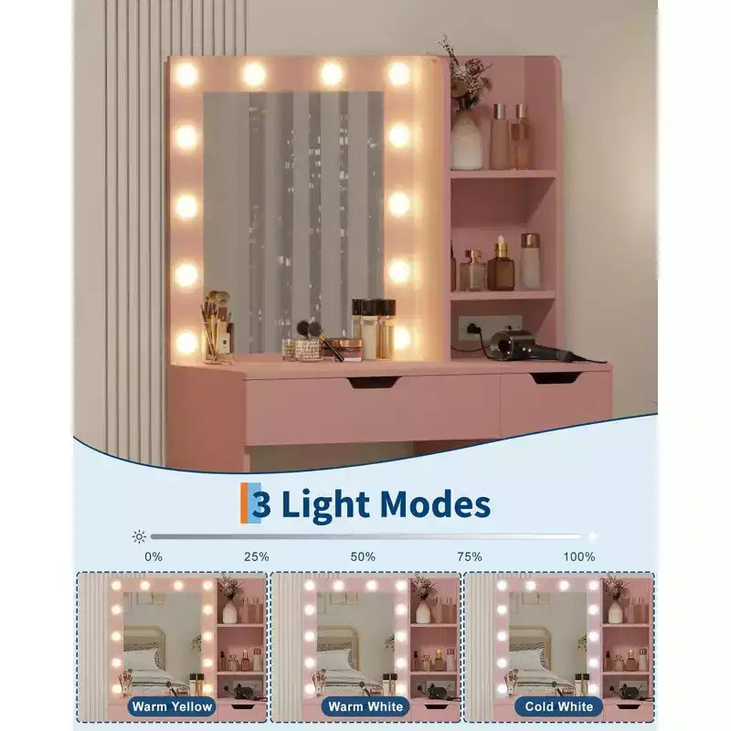 Makeup Vanity Desk with Mirror and Lights, 35W Large Dressing Table with 4 Drawers & Open Storage, Modern Makeup Vanity Table for Bedroom