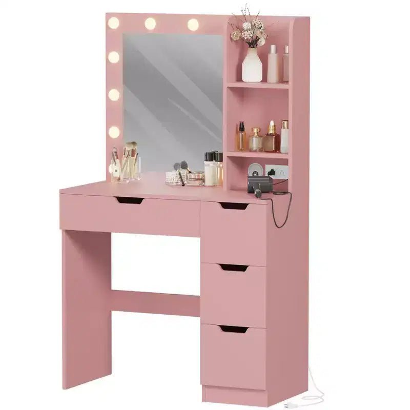 Makeup Vanity Desk with Mirror and Lights, 35W Large Dressing Table with 4 Drawers & Open Storage, Modern Makeup Vanity Table for Bedroom