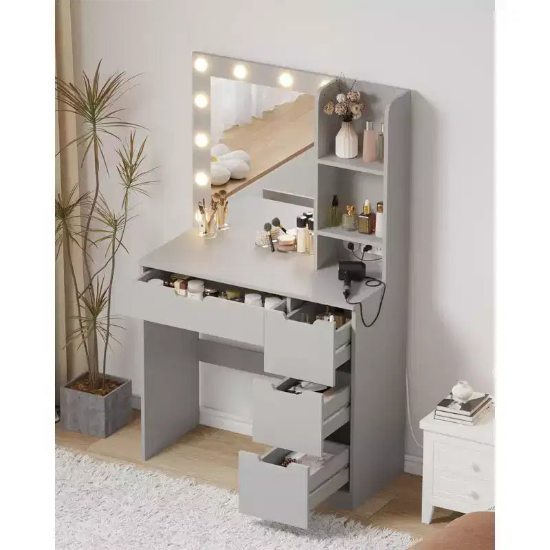 Makeup Vanity Desk with Mirror and Lights, 35W Large Dressing Table with 4 Drawers & Open Storage, Modern Makeup Vanity Table for Bedroom