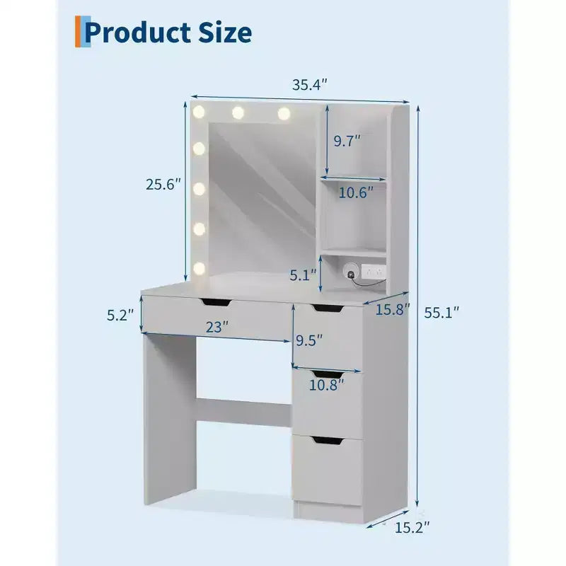 Makeup Vanity Desk with Mirror and Lights, 35W Large Dressing Table with 4 Drawers & Open Storage, Modern Makeup Vanity Table for Bedroom