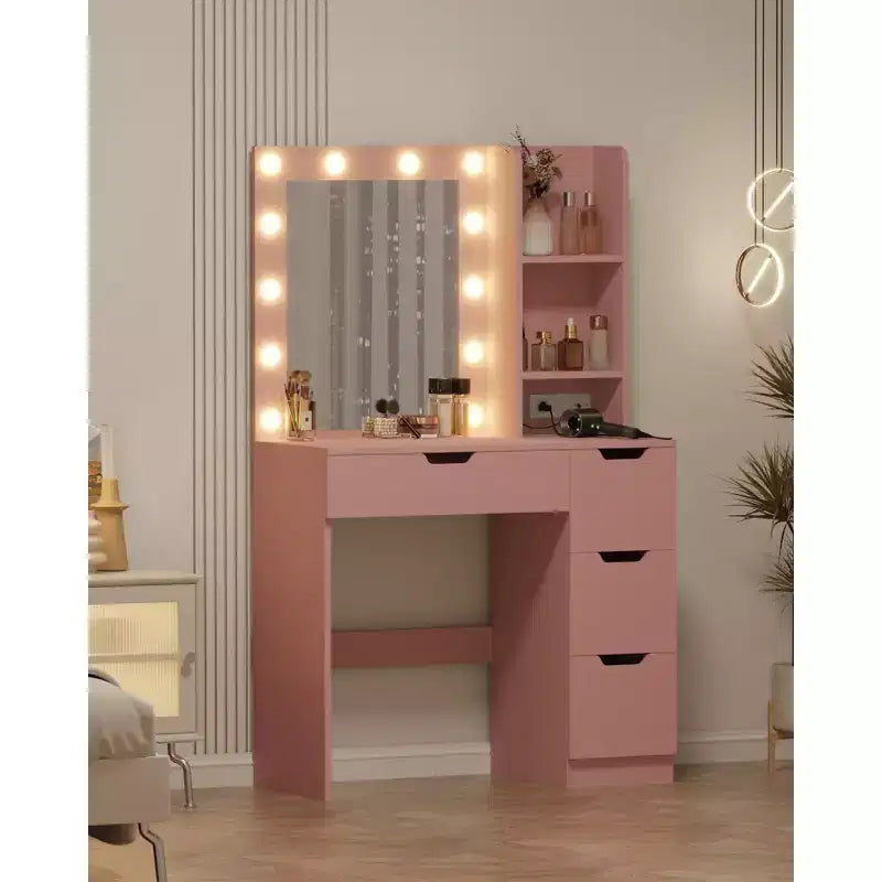 Makeup Vanity Desk with Mirror and Lights, 35W Large Dressing Table with 4 Drawers & Open Storage, Modern Makeup Vanity Table for Bedroom