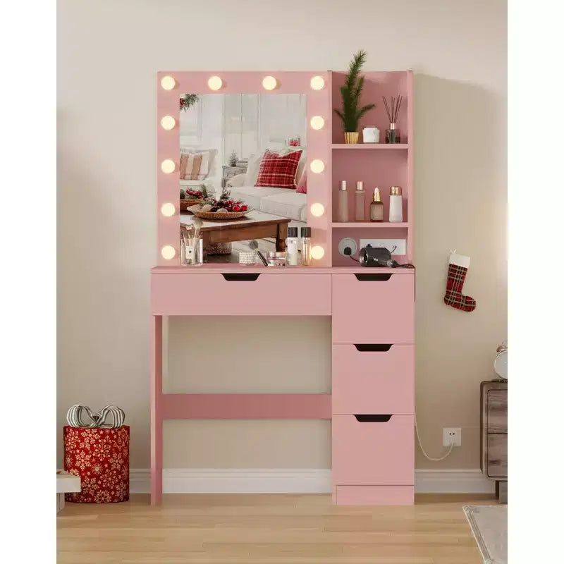 Makeup Vanity Desk with Mirror and Lights, 35W Large Dressing Table with 4 Drawers & Open Storage, Modern Makeup Vanity Table for Bedroom