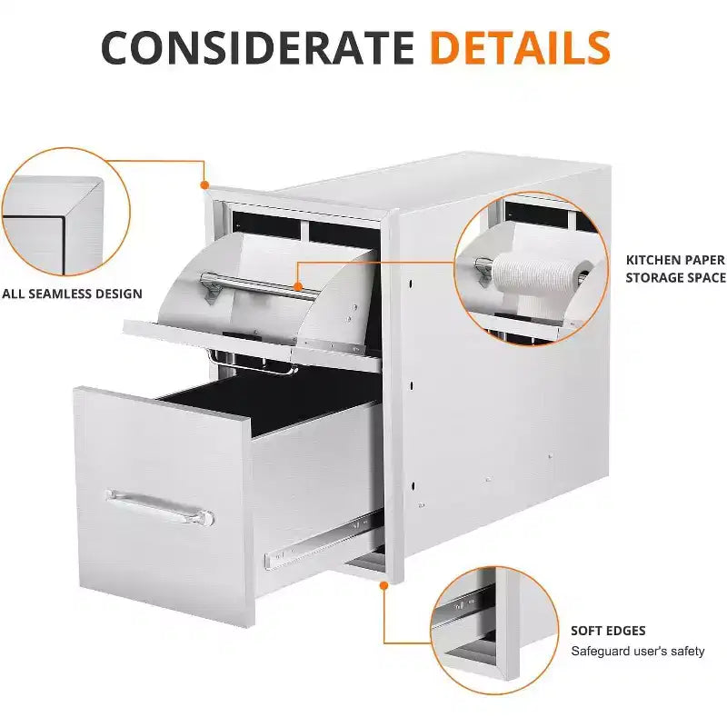 Outdoor Kitchen Drawers with Paper Towel Holder, Stainless Steel BBQ Island Storage, Multi Grill Station Access Drawers