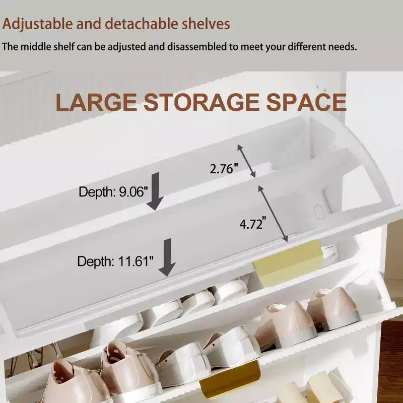Modern Fluted Shoe Storage Cabinet  2 Flip Drawers + Sliding Drawer with Hook, Slim Wooden Organizer for Apartment/Entryway (1-Piece)