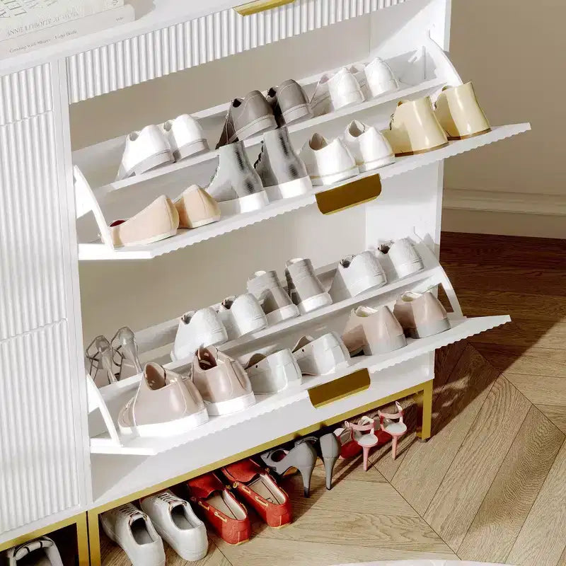 Modern Fluted Shoe Storage Cabinet  2 Flip Drawers + Sliding Drawer with Hook, Slim Wooden Organizer for Apartment/Entryway (1-Piece)