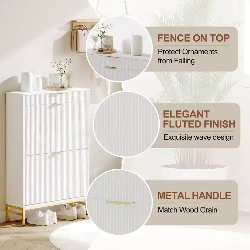 Modern Fluted Shoe Storage Cabinet  2 Flip Drawers + Sliding Drawer with Hook, Slim Wooden Organizer for Apartment/Entryway (1-Piece)