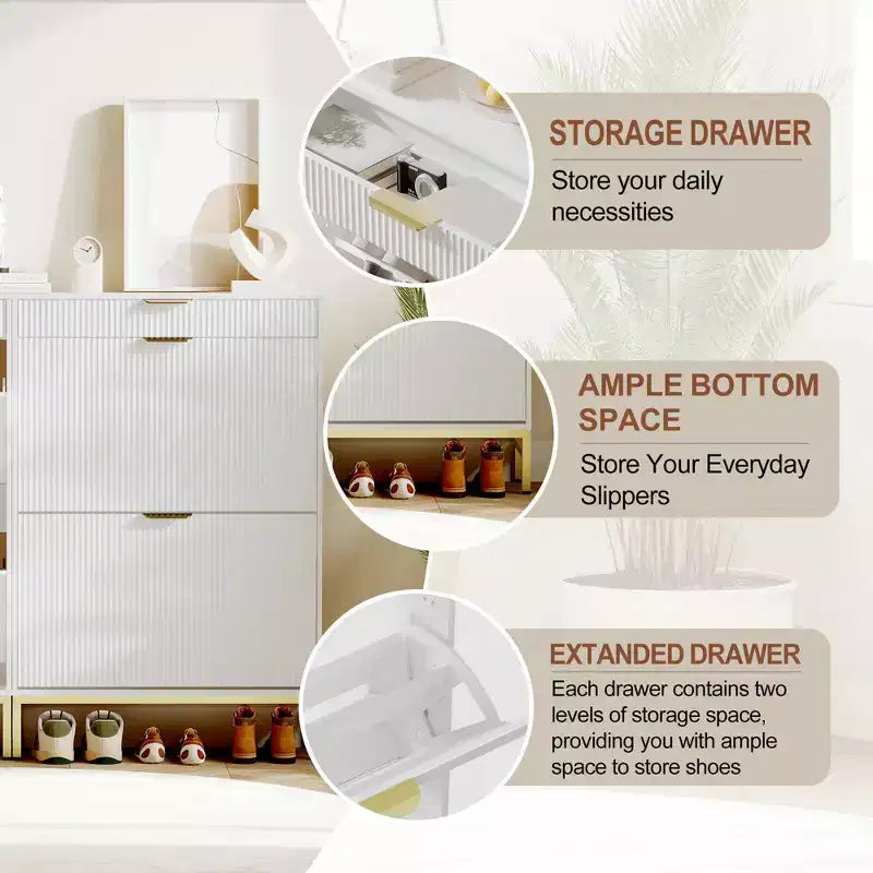 Modern Fluted Shoe Storage Cabinet  2 Flip Drawers + Sliding Drawer with Hook, Slim Wooden Organizer for Apartment/Entryway (1-Piece)