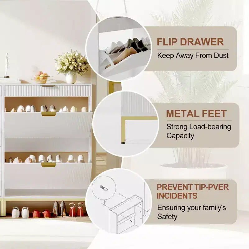 Modern Fluted Shoe Storage Cabinet  2 Flip Drawers + Sliding Drawer with Hook, Slim Wooden Organizer for Apartment/Entryway (1-Piece)
