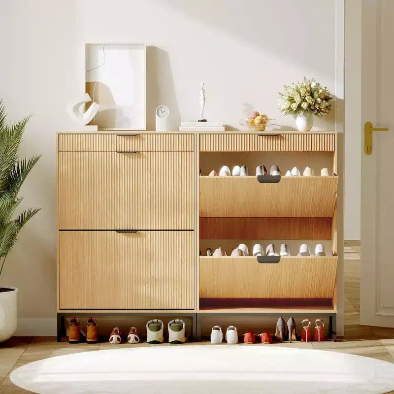 Modern Fluted Shoe Storage Cabinet  2 Flip Drawers + Sliding Drawer with Hook, Slim Wooden Organizer for Apartment/Entryway (1-Piece)