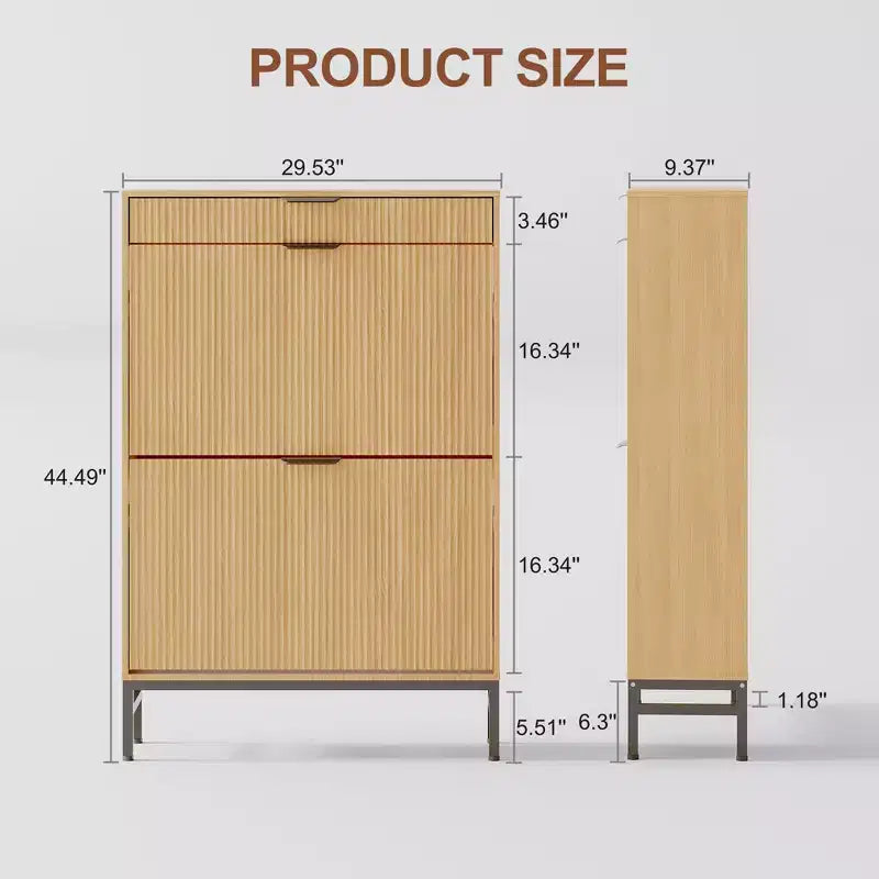Modern Fluted Shoe Storage Cabinet  2 Flip Drawers + Sliding Drawer with Hook, Slim Wooden Organizer for Apartment/Entryway (1-Piece)