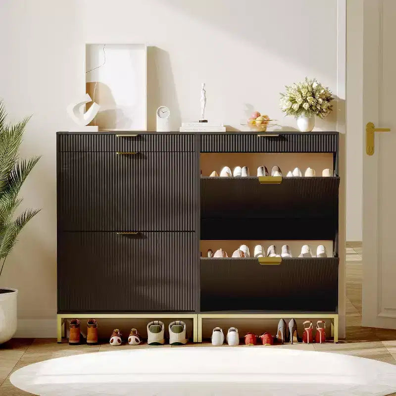 Modern Fluted Shoe Storage Cabinet  2 Flip Drawers + Sliding Drawer with Hook, Slim Wooden Organizer for Apartment/Entryway (1-Piece)
