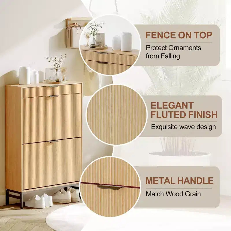 Modern Fluted Shoe Storage Cabinet  2 Flip Drawers + Sliding Drawer with Hook, Slim Wooden Organizer for Apartment/Entryway (1-Piece)