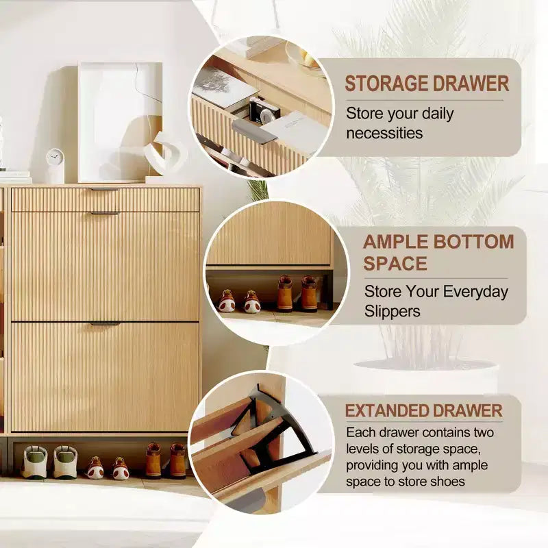 Modern Fluted Shoe Storage Cabinet  2 Flip Drawers + Sliding Drawer with Hook, Slim Wooden Organizer for Apartment/Entryway (1-Piece)