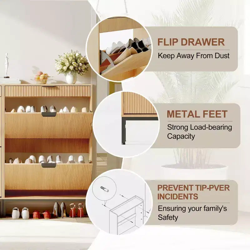 Modern Fluted Shoe Storage Cabinet  2 Flip Drawers + Sliding Drawer with Hook, Slim Wooden Organizer for Apartment/Entryway (1-Piece)