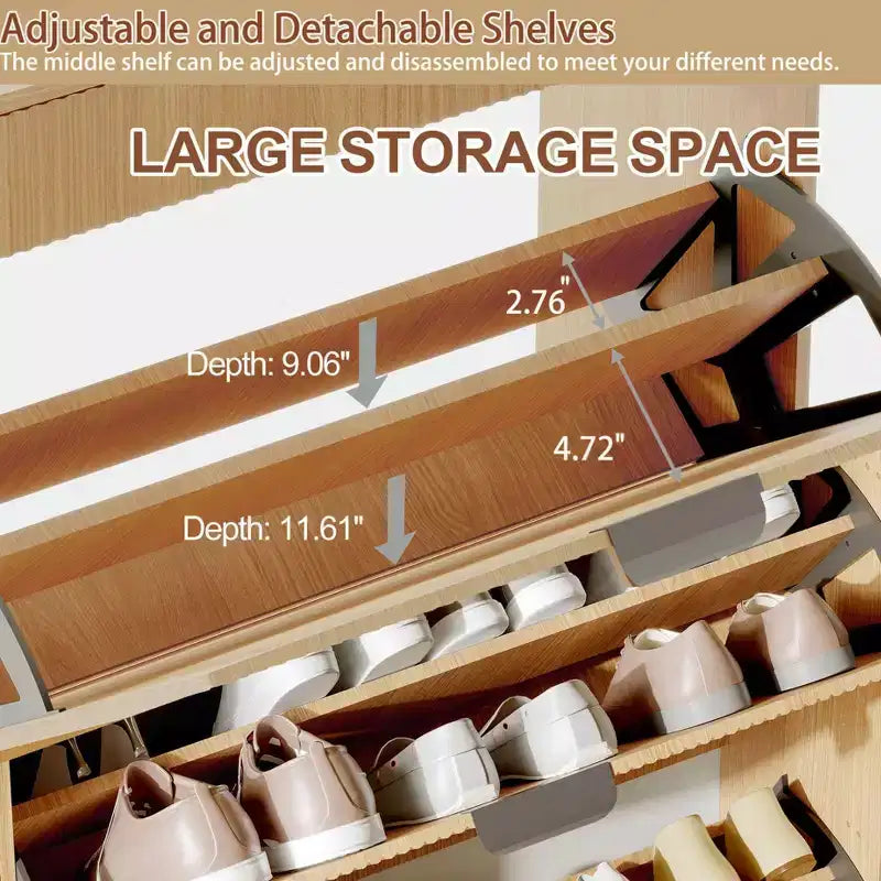 Modern Fluted Shoe Storage Cabinet  2 Flip Drawers + Sliding Drawer with Hook, Slim Wooden Organizer for Apartment/Entryway (1-Piece)