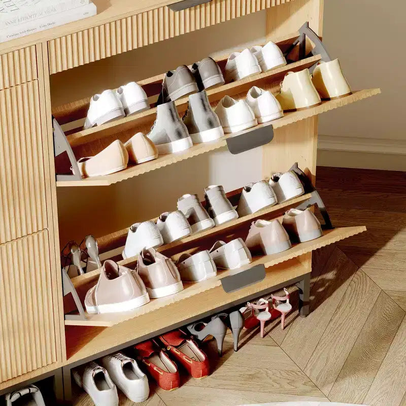 Modern Fluted Shoe Storage Cabinet  2 Flip Drawers + Sliding Drawer with Hook, Slim Wooden Organizer for Apartment/Entryway (1-Piece)