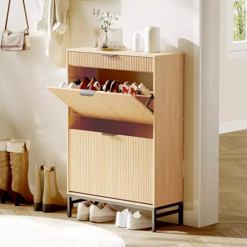 Modern Fluted Shoe Storage Cabinet  2 Flip Drawers + Sliding Drawer with Hook, Slim Wooden Organizer for Apartment/Entryway (1-Piece)