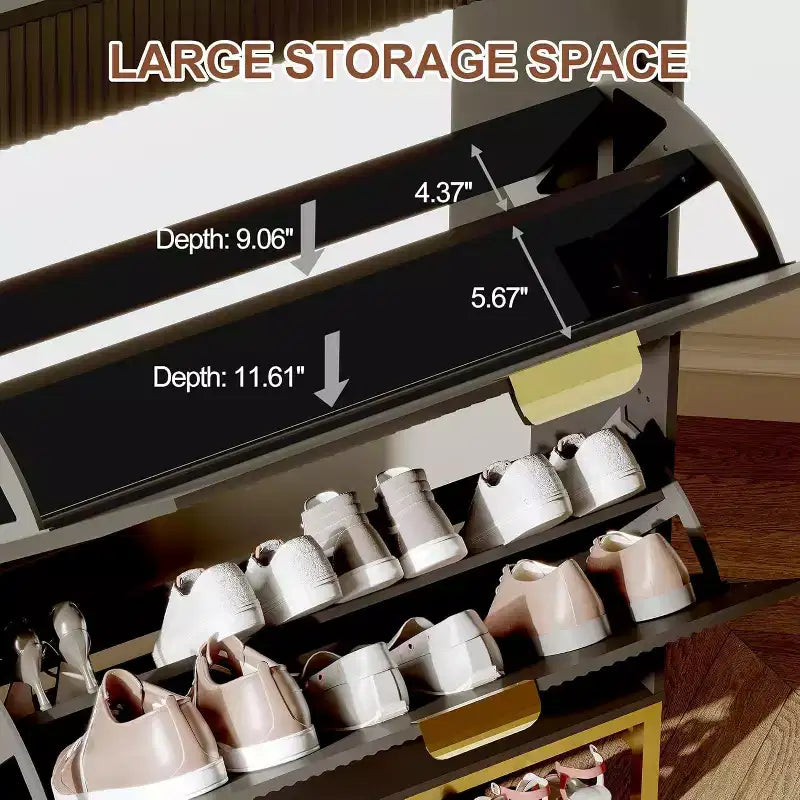 Modern Fluted Shoe Storage Cabinet  2 Flip Drawers + Sliding Drawer with Hook, Slim Wooden Organizer for Apartment/Entryway (1-Piece)
