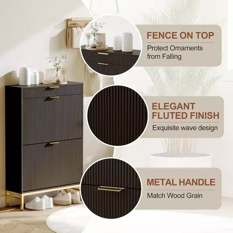 Modern Fluted Shoe Storage Cabinet  2 Flip Drawers + Sliding Drawer with Hook, Slim Wooden Organizer for Apartment/Entryway (1-Piece)