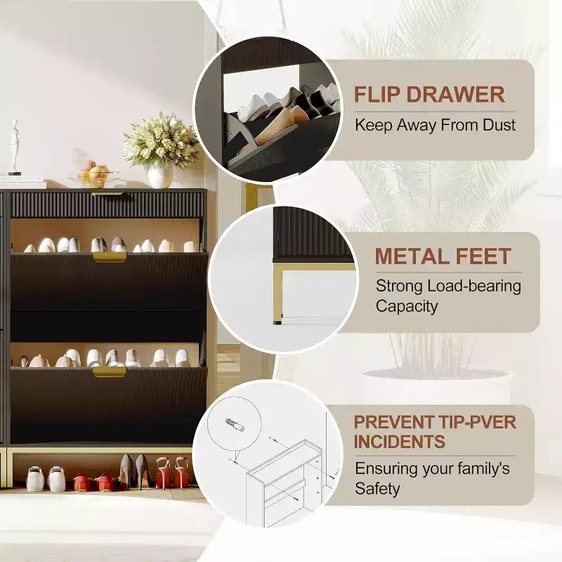 Modern Fluted Shoe Storage Cabinet  2 Flip Drawers + Sliding Drawer with Hook, Slim Wooden Organizer for Apartment/Entryway (1-Piece)