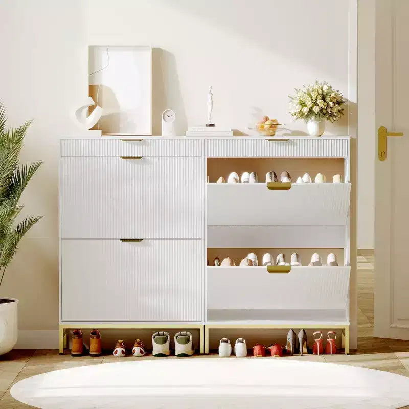 Modern Fluted Shoe Storage Cabinet  2 Flip Drawers + Sliding Drawer with Hook, Slim Wooden Organizer for Apartment/Entryway (1-Piece)