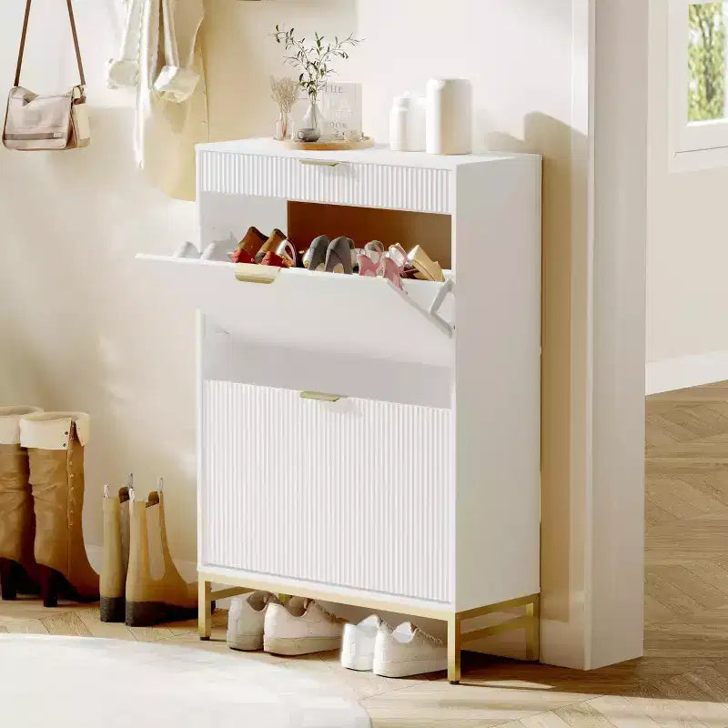 Modern Fluted Shoe Storage Cabinet  2 Flip Drawers + Sliding Drawer with Hook, Slim Wooden Organizer for Apartment/Entryway (1-Piece)