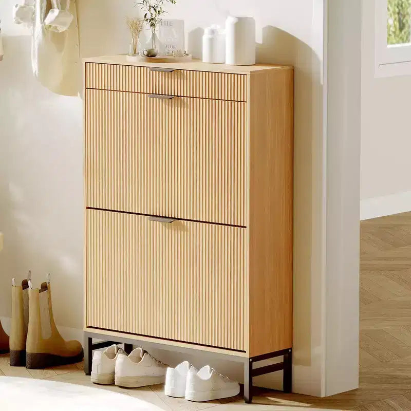 Modern Fluted Shoe Storage Cabinet  2 Flip Drawers + Sliding Drawer with Hook, Slim Wooden Organizer for Apartment/Entryway (1-Piece)