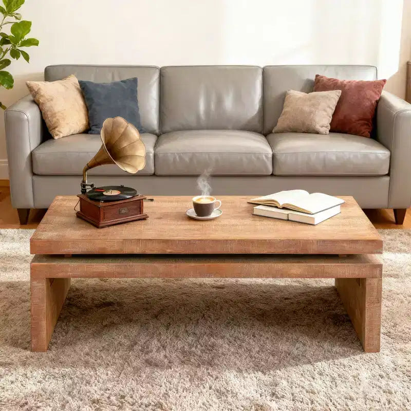 Modern Rustic Wood Coffee Table with Floating Top, 47 Rectangular