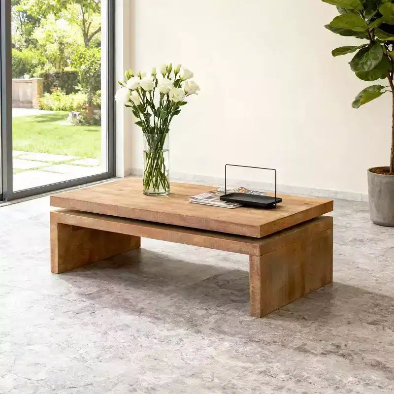 Modern Rustic Wood Coffee Table with Floating Top, 47 Rectangular