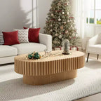 Homy Casa Modern Oval Wooden Coffee Table with Textured Fluted Design for Living Room and Small Spaces, Holiday Gathering, Natural Oak