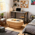 Table Basse Ovale Moderne en Bois avec Design Cannelé Texturé pour Salon et Petits Espaces, Chêne Naturel