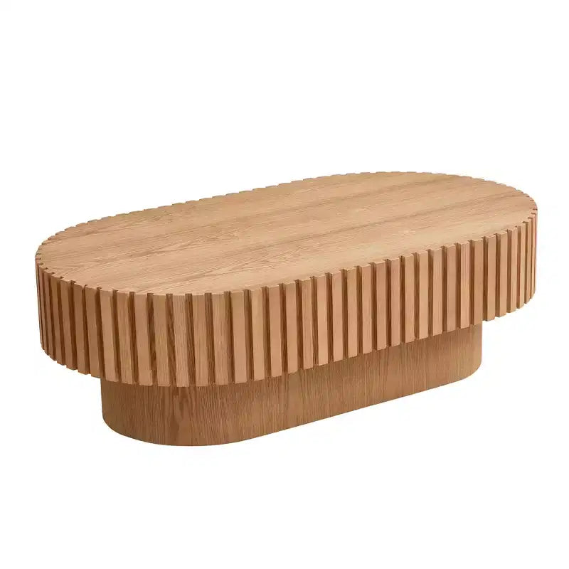 Modern Oval Wooden Coffee Table with Textured Fluted Design for Living Room and Small Spaces, Natural Oak