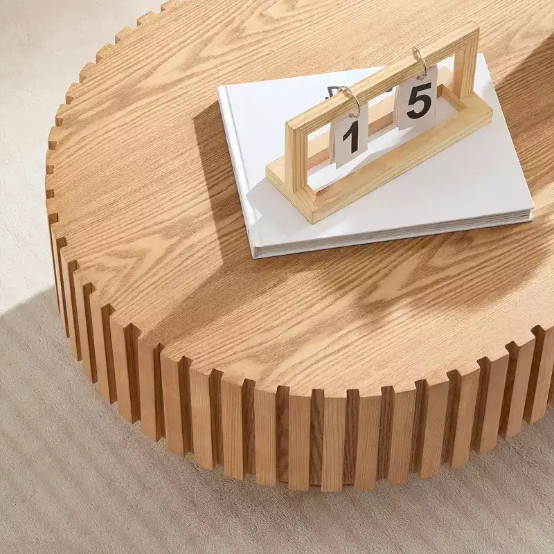 Modern Oval Wooden Coffee Table with Textured Fluted Design for Living Room and Small Spaces, Natural Oak