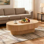 Table Basse Ovale Moderne en Bois avec Design Cannelé Texturé pour Salon et Petits Espaces, Chêne Naturel