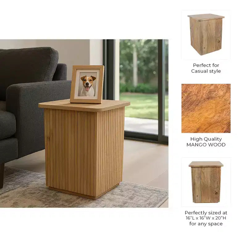 End Table with Square Ribbed Design - Night Stand, Accent Furniture with Side Table Use - Compact Table with a Modern Look - 20, Natural Wood
