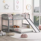 Floor Bunk Bed with Slide and Stairs, Low Bunk Bed Twin over Twin with Storage, Wood Twin Bunk Bed for Toddlers Kids