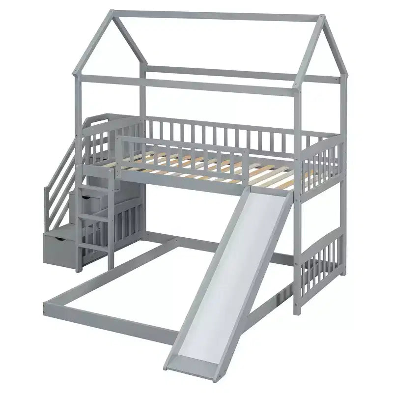 Twin over Full House Bunk Bed with Slide and Stairs for Kids Teens, Wood Bunk Bed Frame with Guard Rail & Storage