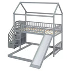 Lit superposé cabane double sur double avec toboggan et escalier pour enfants et adolescents, cadre de lit superposé en bois avec garde-corps et rangement