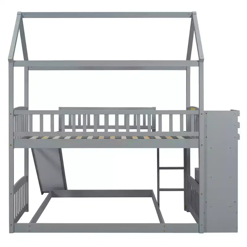Twin over Full House Bunk Bed with Slide and Stairs for Kids Teens, Wood Bunk Bed Frame with Guard Rail & Storage