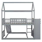 Lit superposé cabane double sur double avec toboggan et escalier pour enfants et adolescents, cadre de lit superposé en bois avec garde-corps et rangement