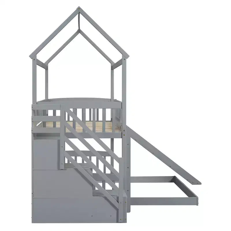 Twin over Full House Bunk Bed with Slide and Stairs for Kids Teens, Wood Bunk Bed Frame with Guard Rail & Storage